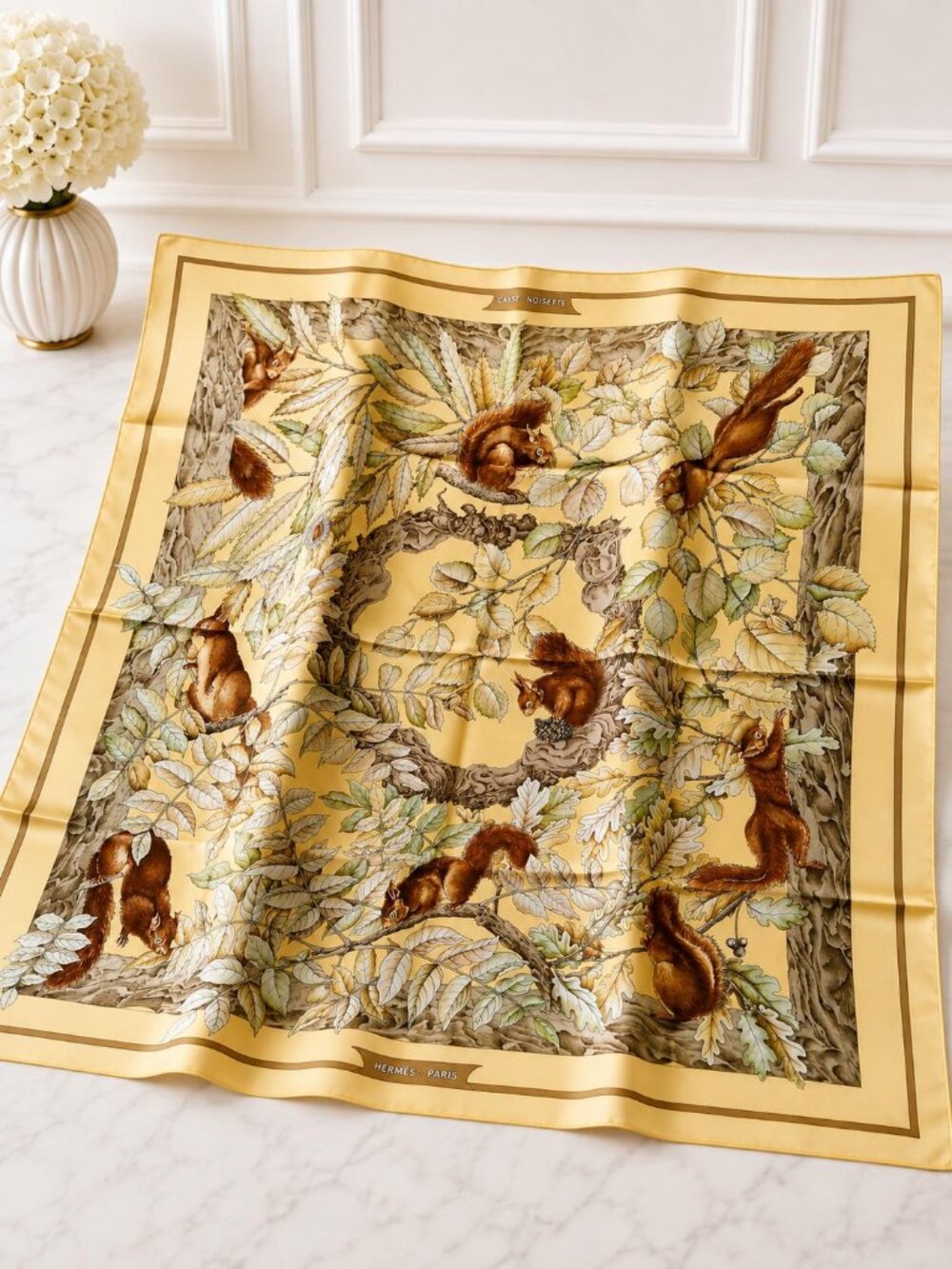 Authentic Hermès Casse Noisette Carré 90 Silk Scarf Squirrel Print